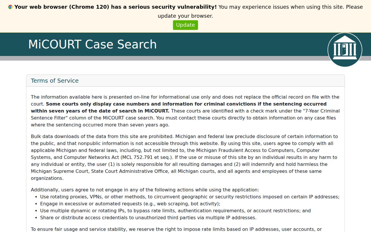 Chippewa County docket search MiCOURT public case search notice
