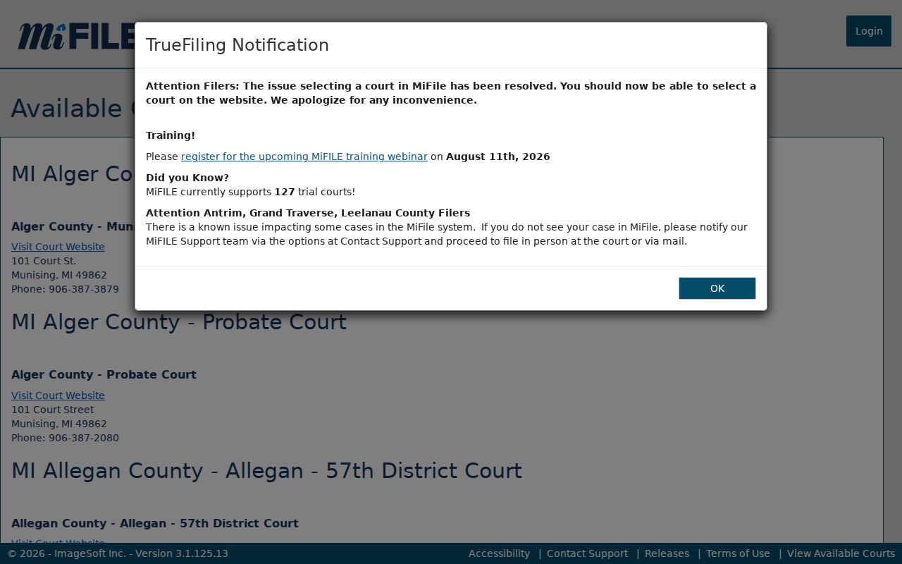 Chippewa County docket search MiFILE available courts filing record