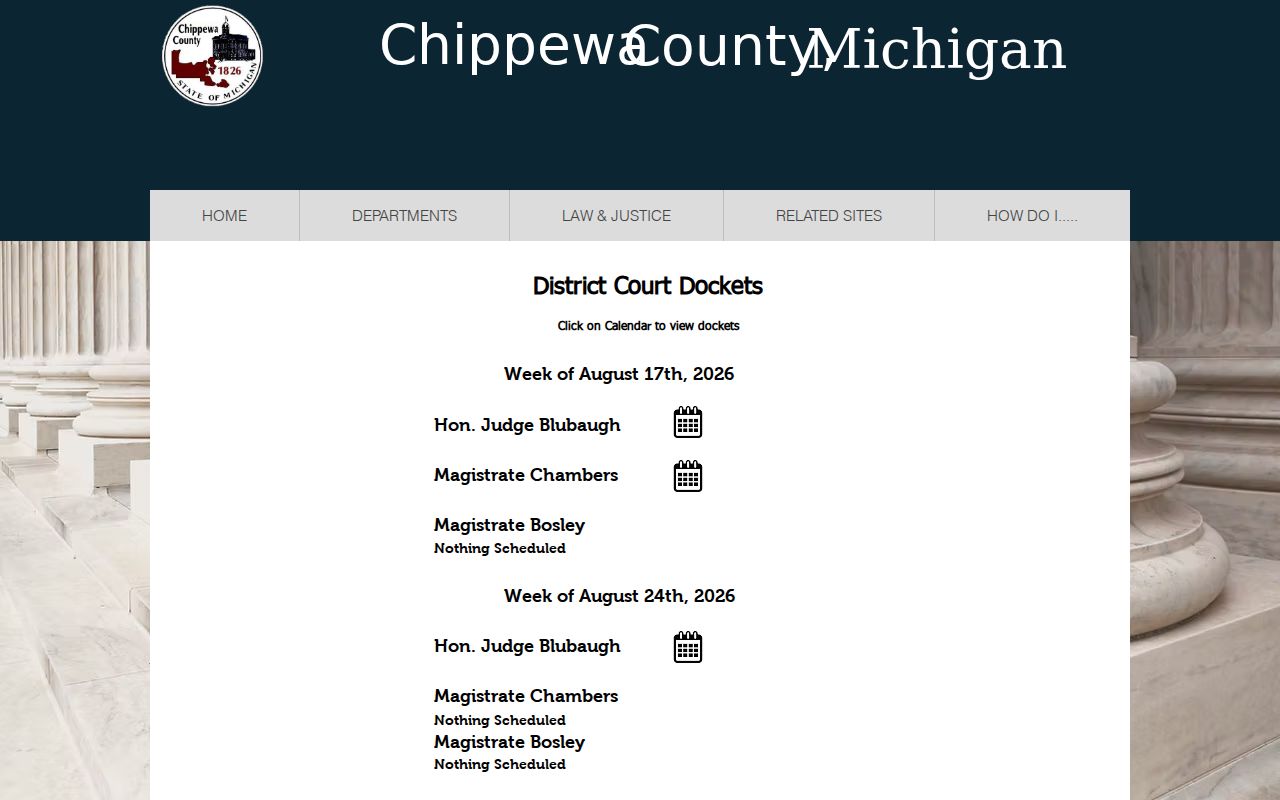 Chippewa County court schedule and District Court calendar record